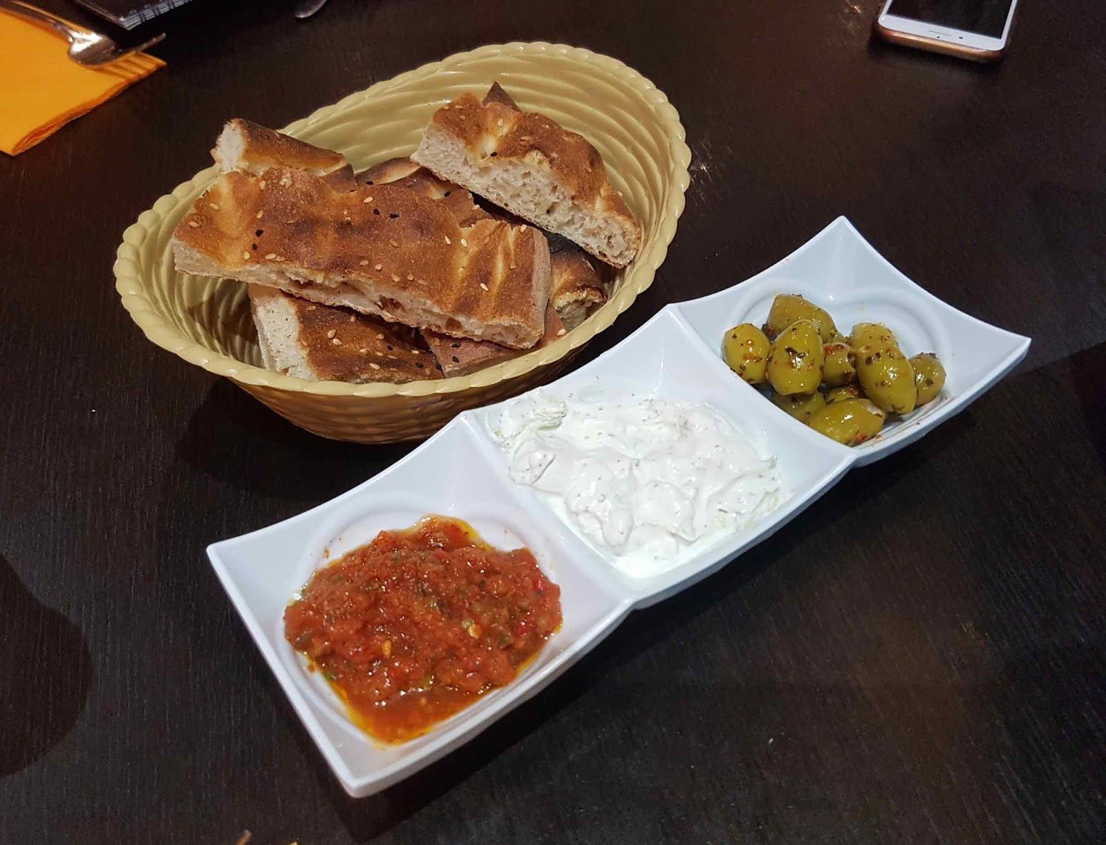 Bread with dips and olives